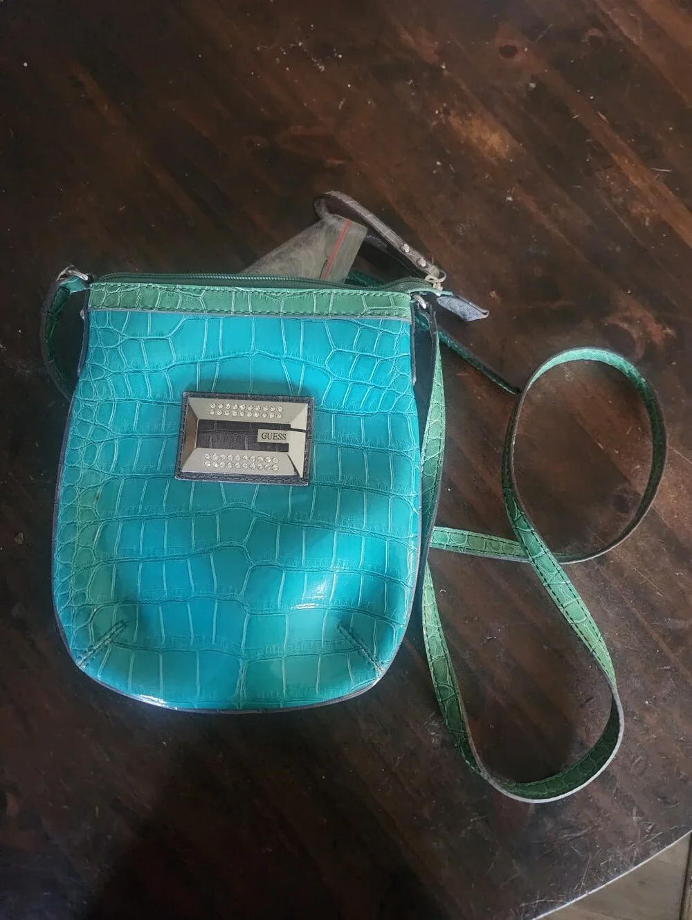 GUESS Wynona  Teal and Green Faux Croc-Embossed Crossbody Bag